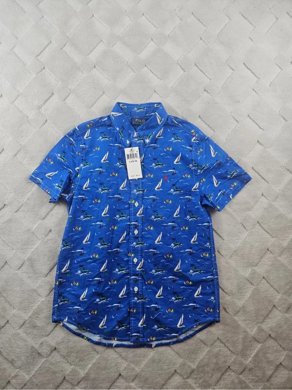 Polo Ralph Lauren Boys Button Up Shirt Youth Large Boat Print Oxford